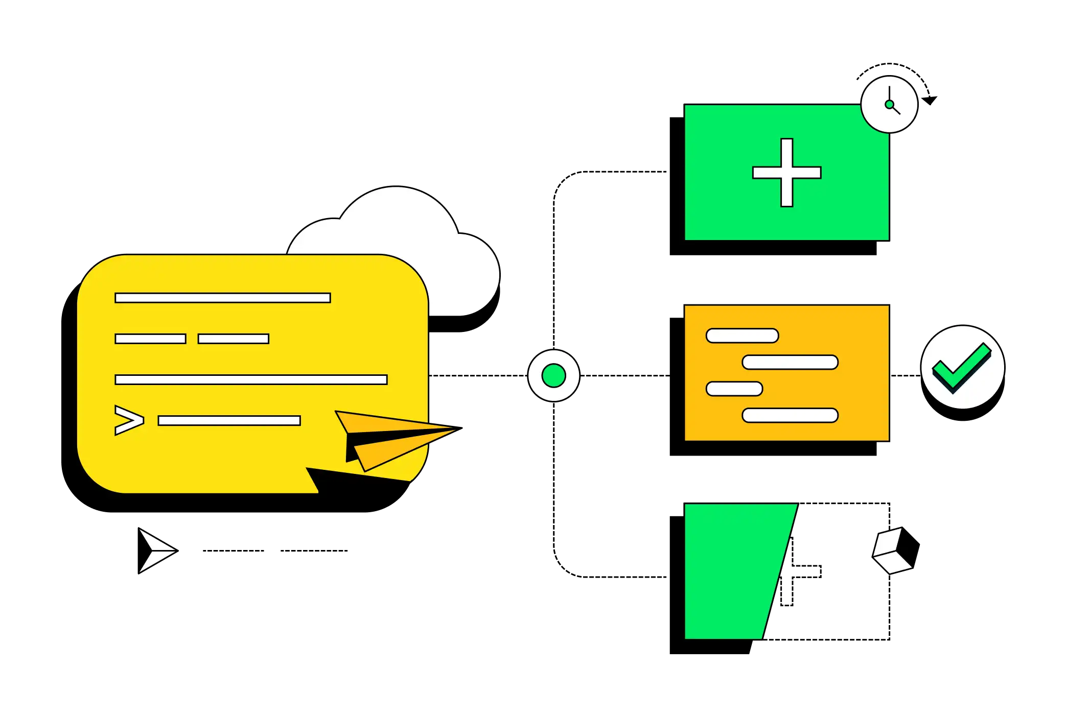 Ilustração abstrata mostrando um terminal interagindo com diferentes sistemas