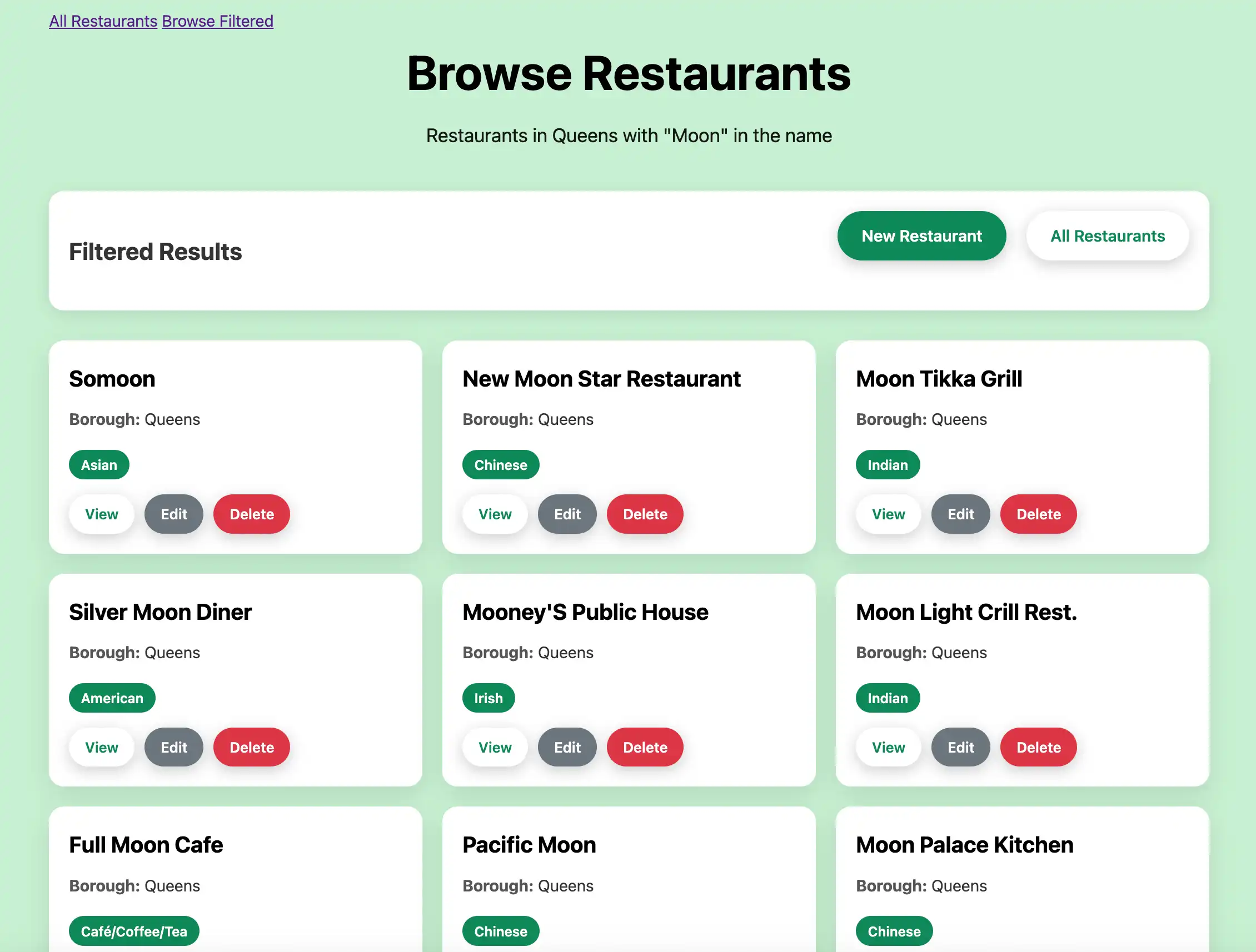 A página web que exibe restaurantes filtrados