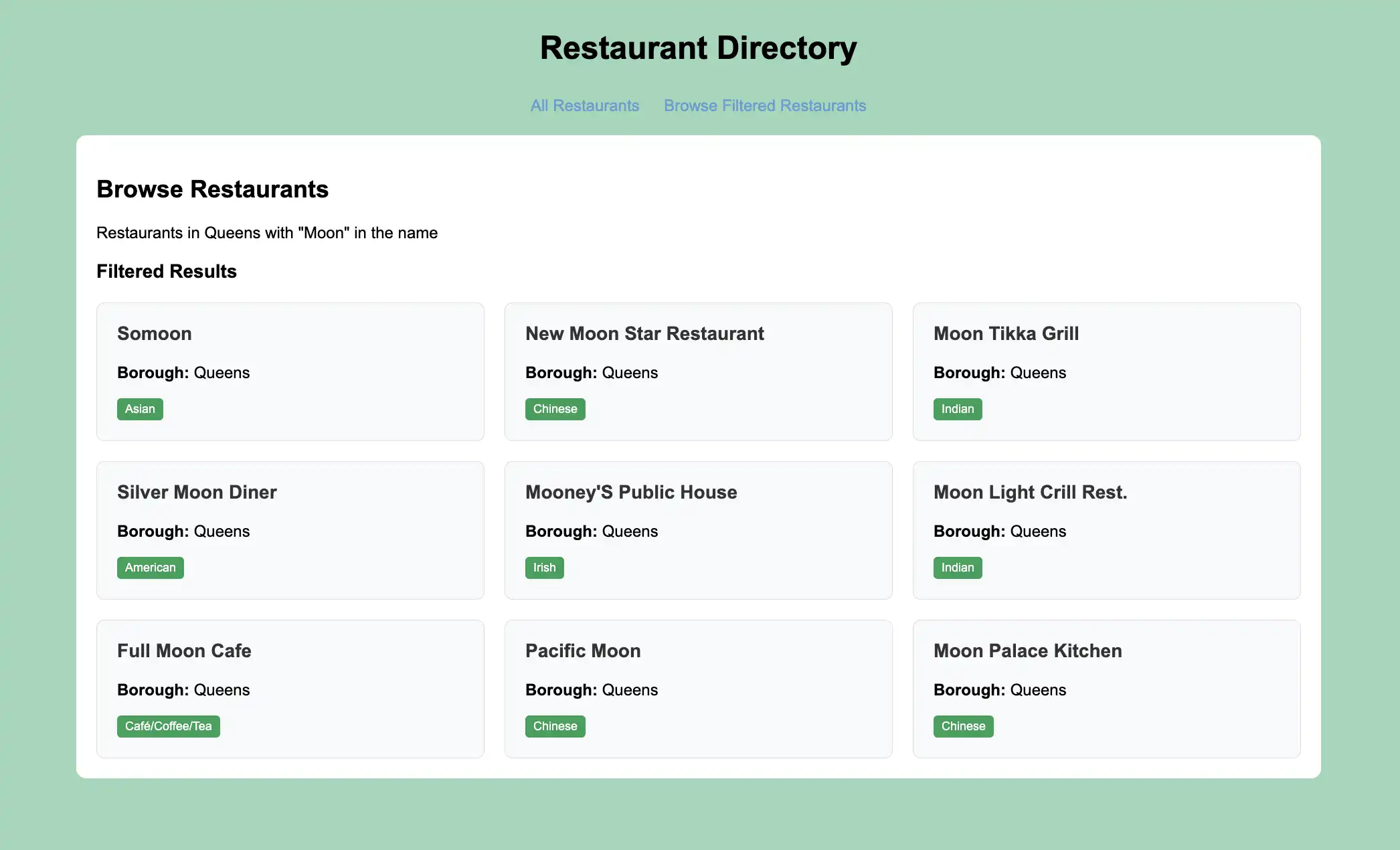 A página web que exibe restaurantes filtrados