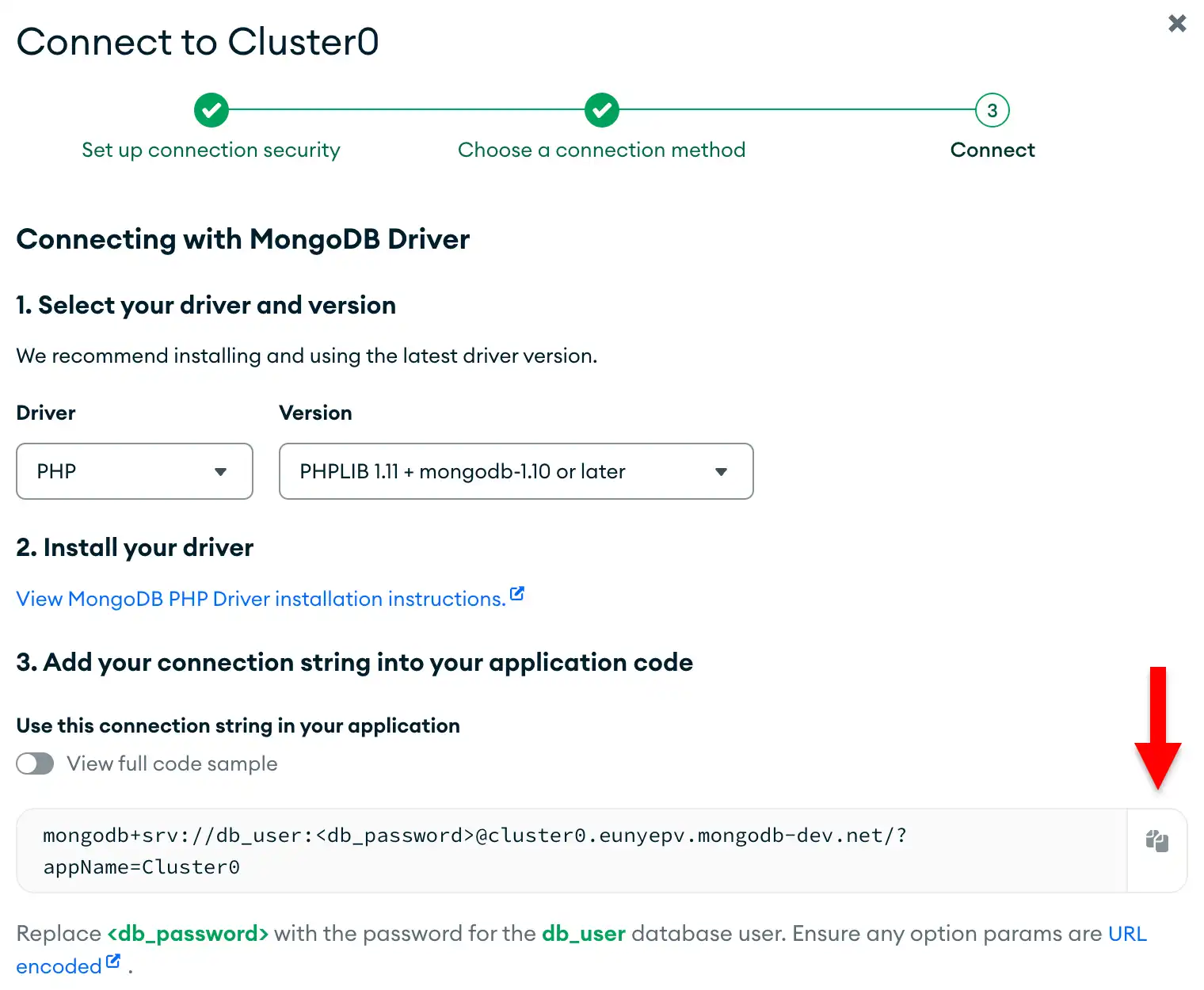 O botão copiar ao lado da string de conexão na UI do Atlas