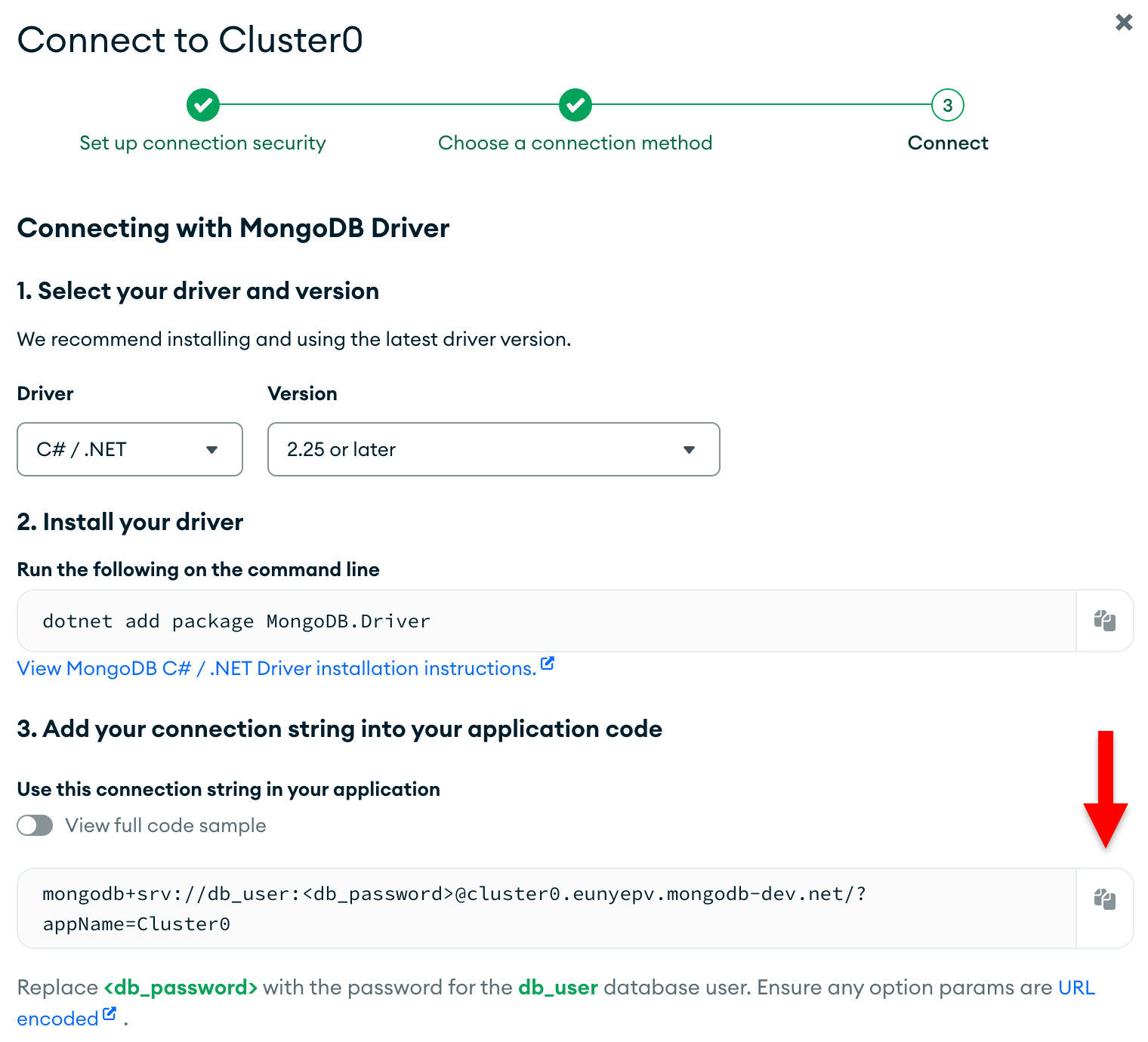 O botão de cópia da connection string na interface de usuário do Atlas