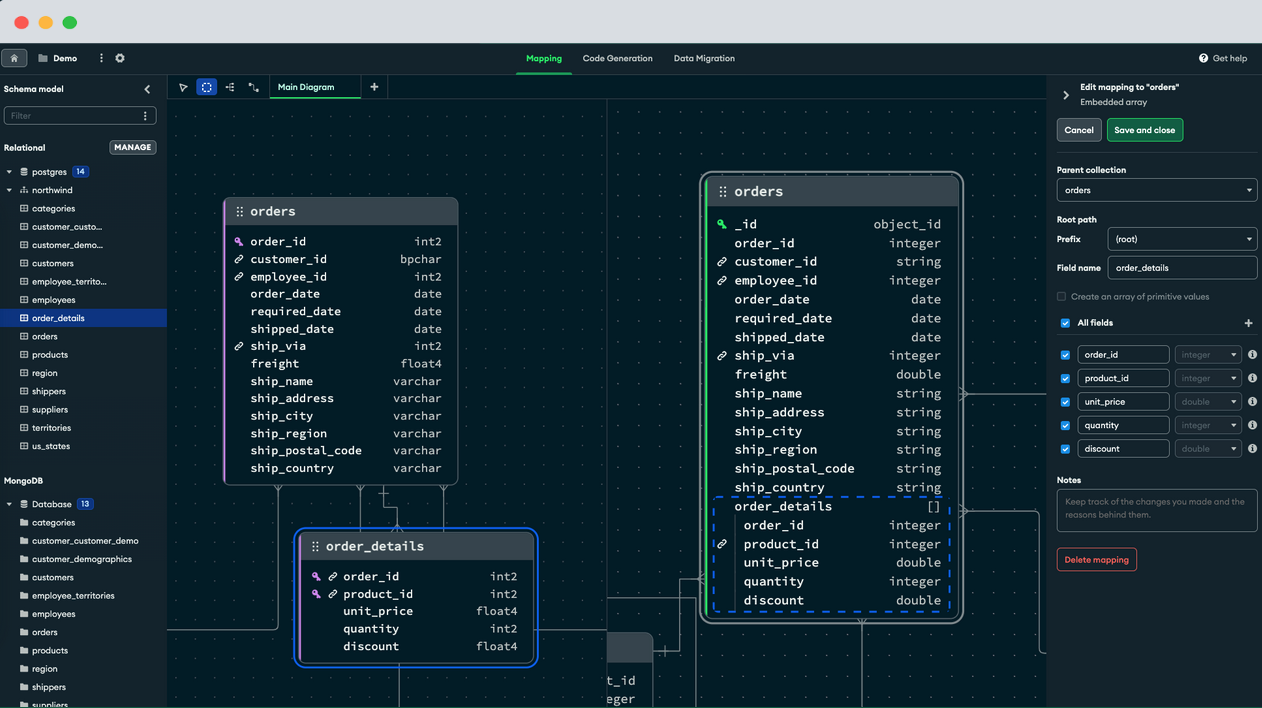 Um diagrama entidade-relacionamento no Relational Migrator