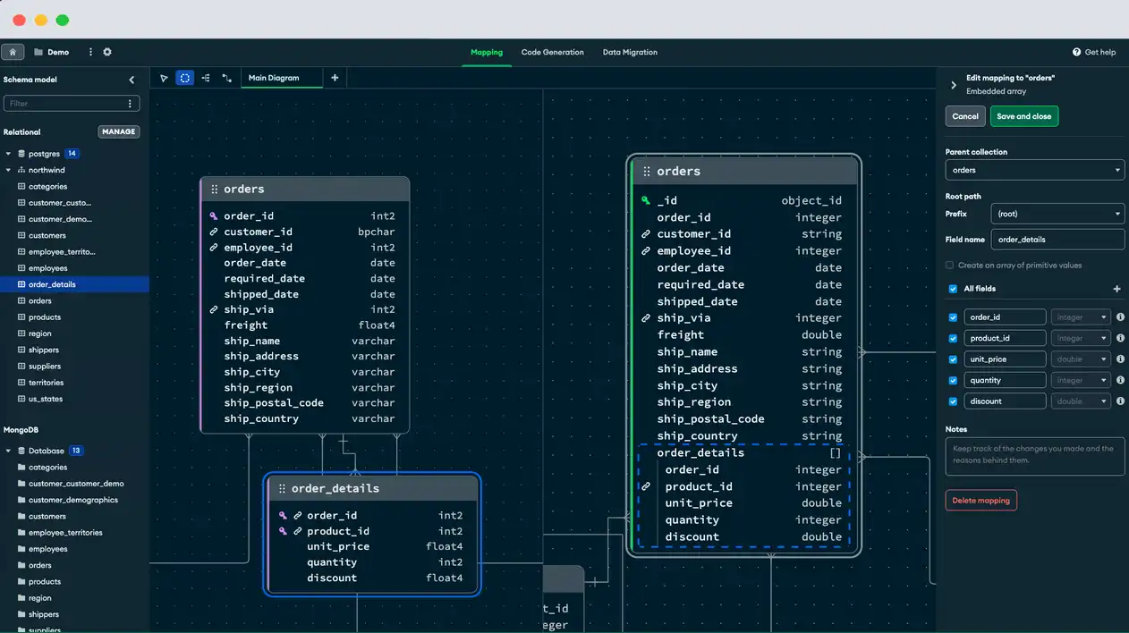 Um diagrama entidade-relacionamento no Relational Migrator