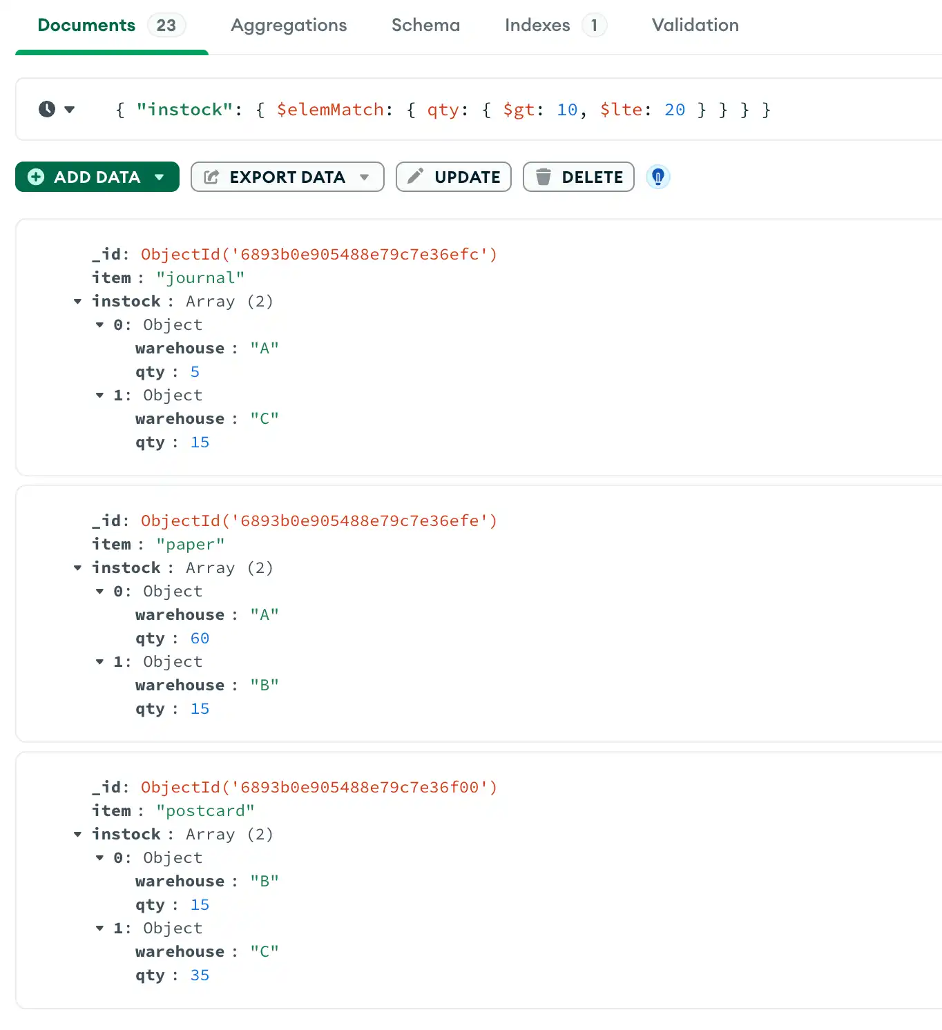 Um único documento aninhado atende a várias condições de query em campos aninhados