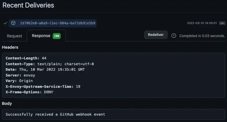 GitHub 中的一个日志条目,显示自定义端点对 ping 事件的响应。 响应的状态代码为 200,响应正文显示“成功收到 GitHub Webhook 事件”。