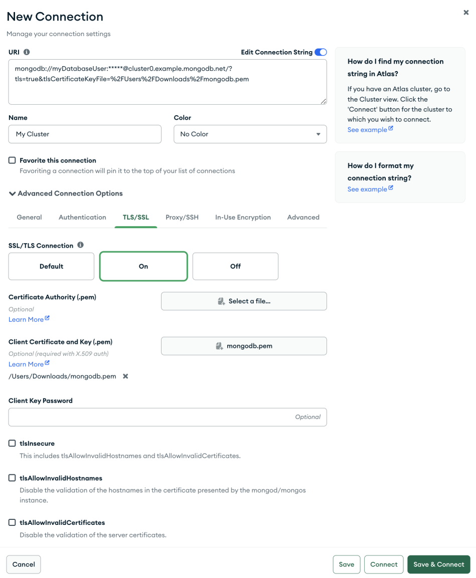 Compass 配置为使用 TLS/SSL 连接到示例集群的屏幕截图