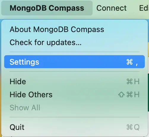 设置面板在 MongoDB Compass 系统菜单中的位置