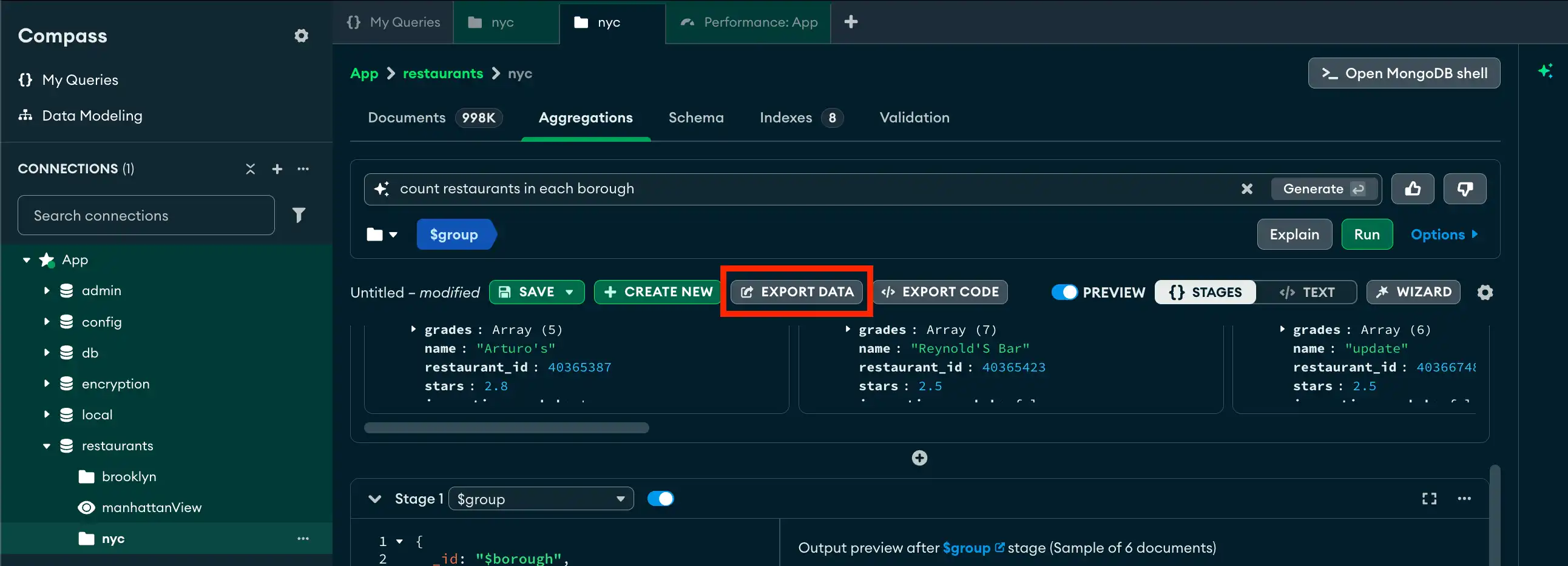 聚合管道上的 Export（导出）按钮
