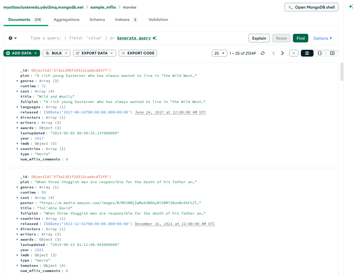 Compass listing documents in the movies collection