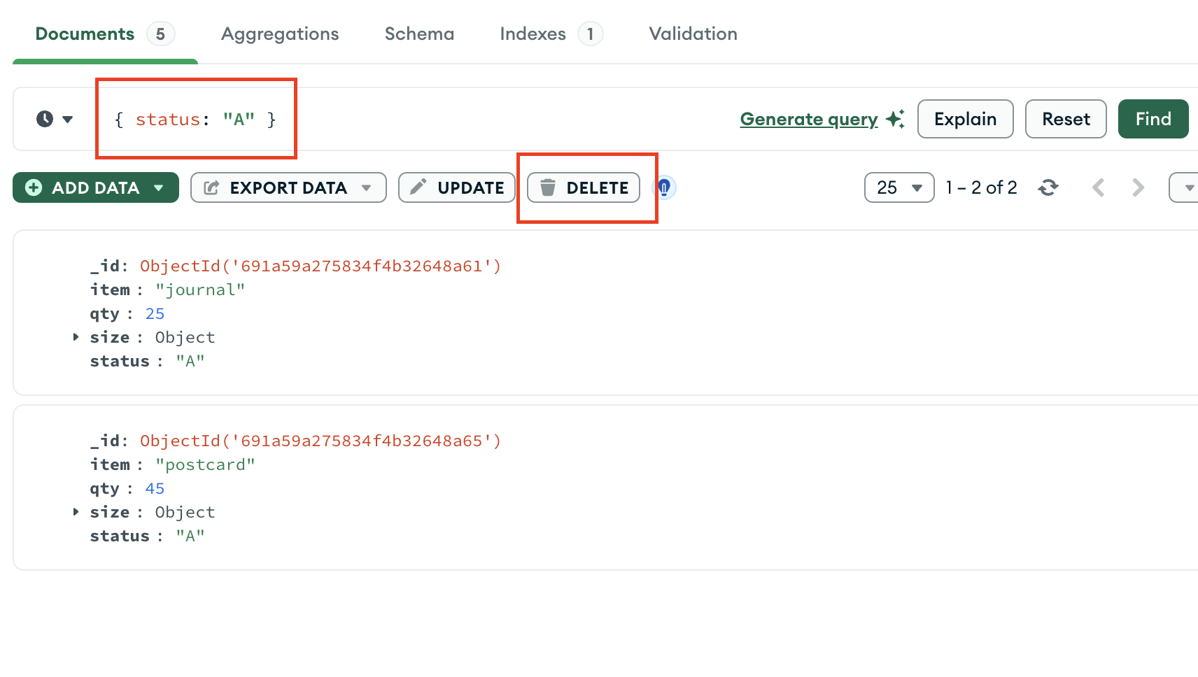 MongoDB Compass 文档标签页，其中突出显示“删除”按钮。