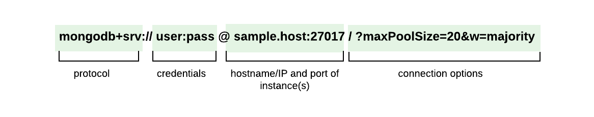 A connection string containing the protocol, credentials, hostname or IP, port, and options