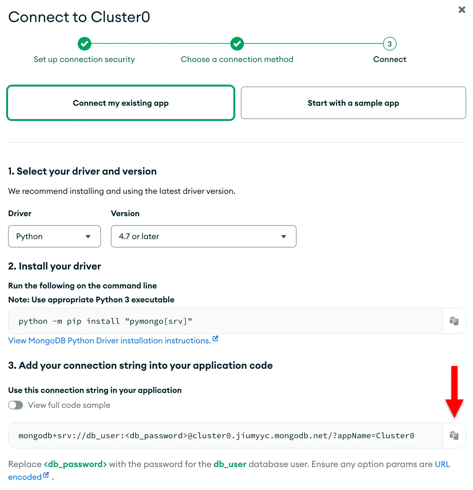 The connection string copy button in the Atlas UI