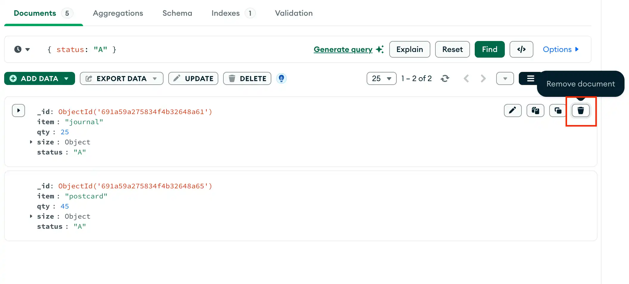 MongoDB Compass删除与过滤匹配的一个文档