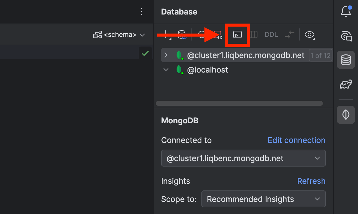 要启动 Playgrounds，请单击 Database Explorer 中突出显示的按钮。
