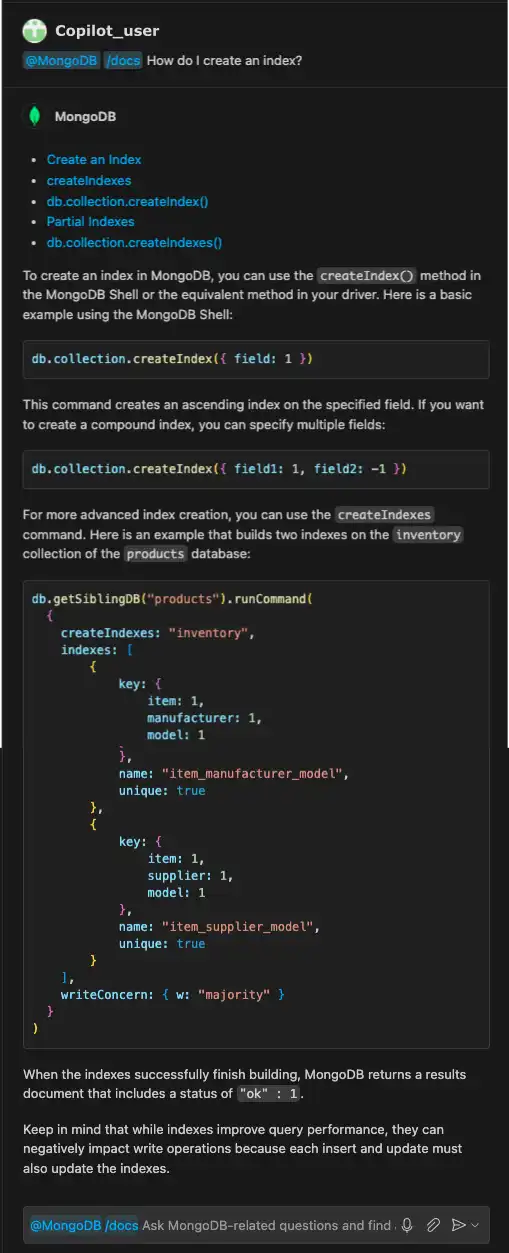 屏幕截图:copilot 提供有关创建索引的信息