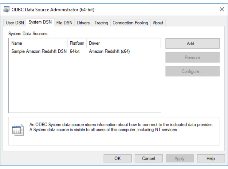 Windows ODBC 管理器应用程序的屏幕截图