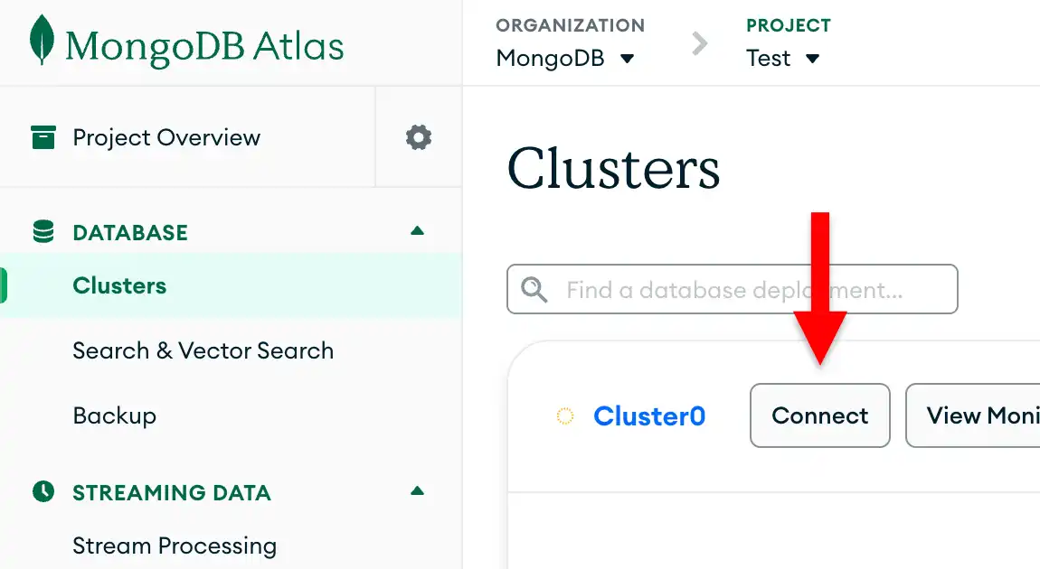 The connect button in the clusters section of the Atlas UI