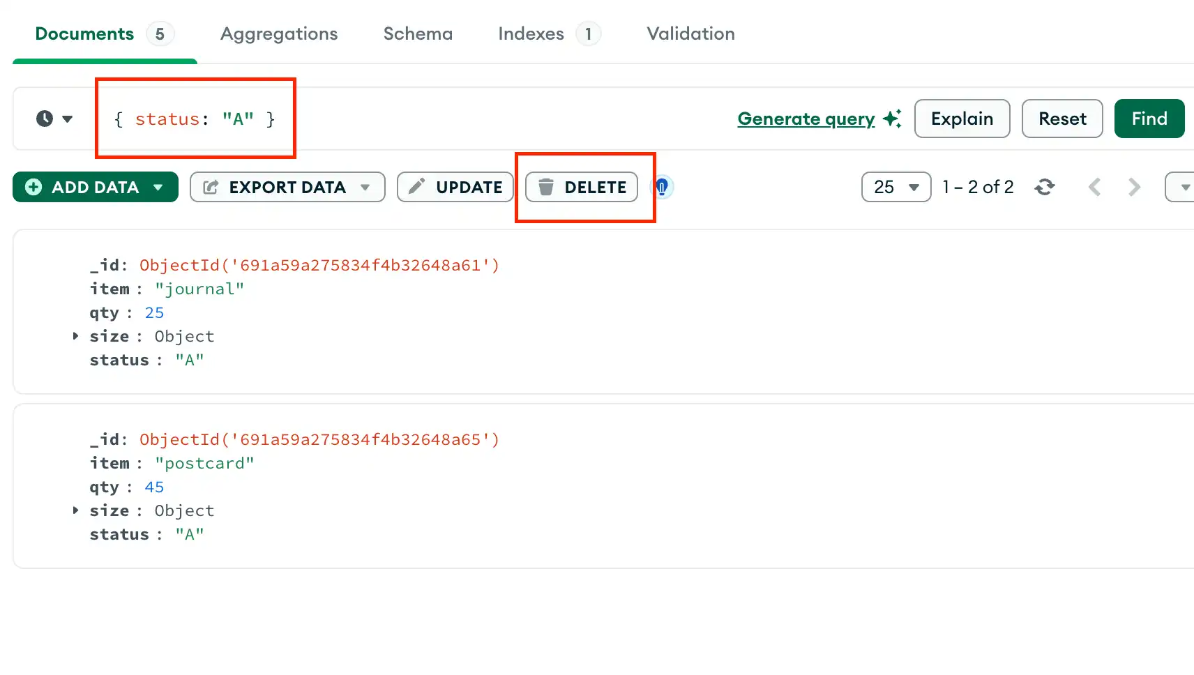 MongoDB Compass显示“文档”标签页，其中突出显示“删除”按钮，过滤器为 { status: "A" }。