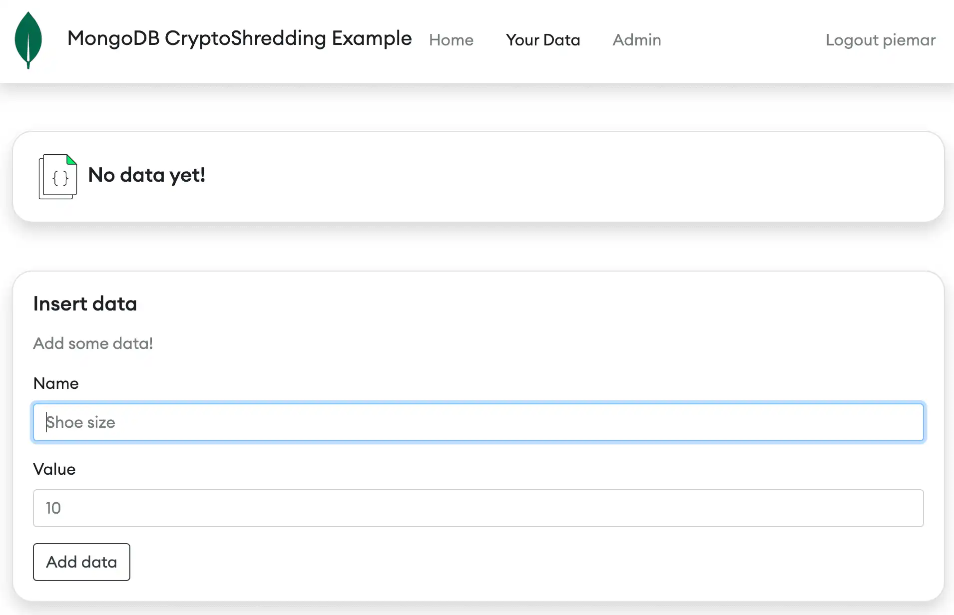 添加数据的用户界面示例